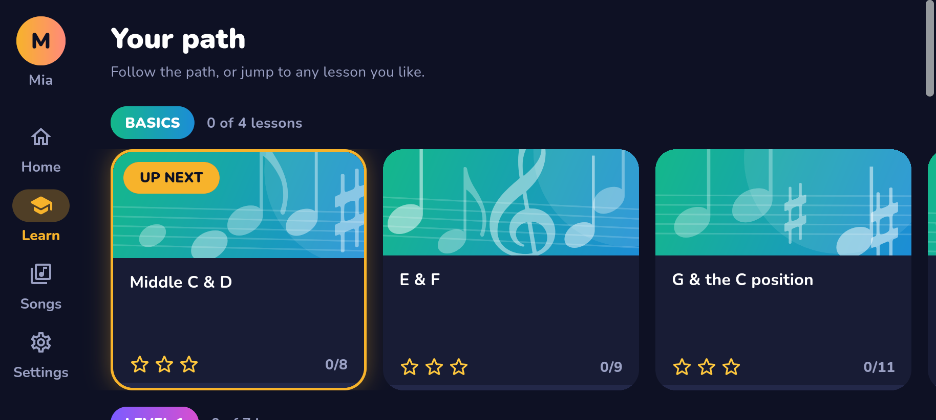 The lessons, from Basics to Level 6