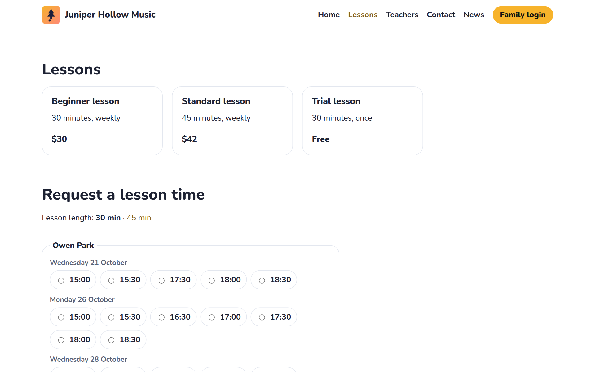 Lessons and prices, and requesting a lesson time, on a studio’s website