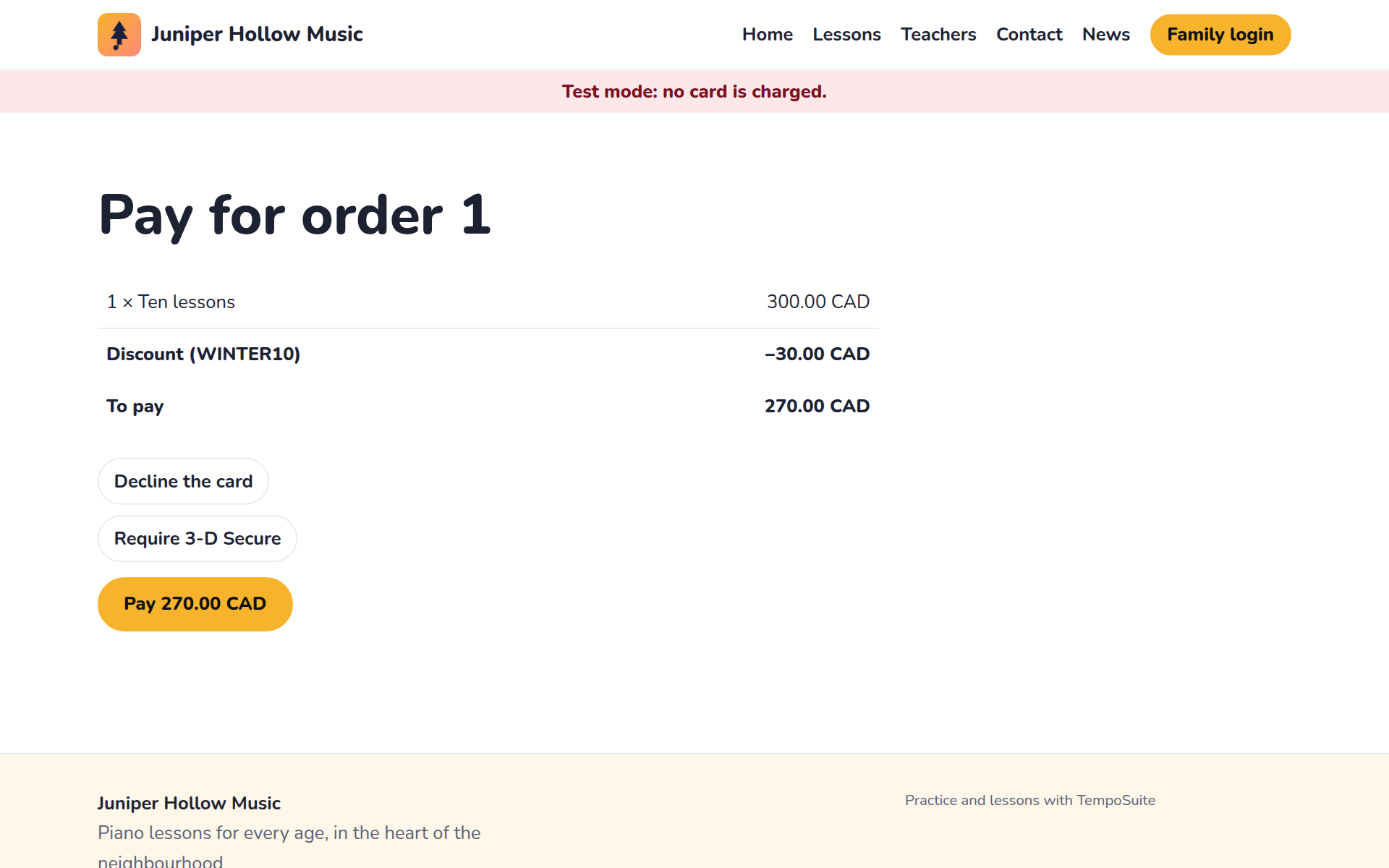 A studio’s payment page, in test mode